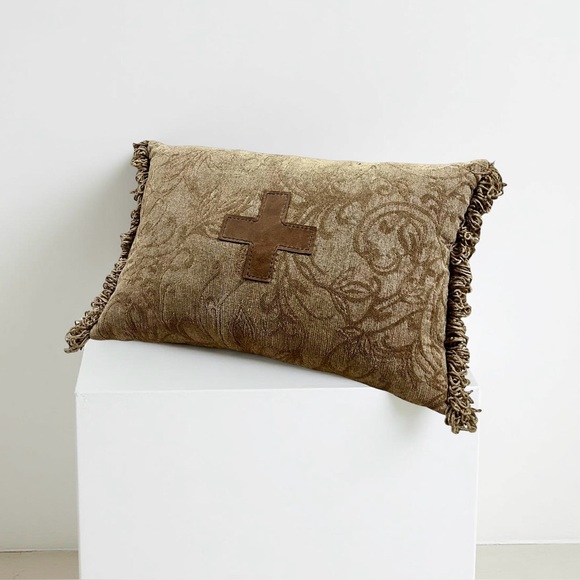 Handmade Other - Soft Damask Chenille Decorative Pillow with Leather Cross and Fringe